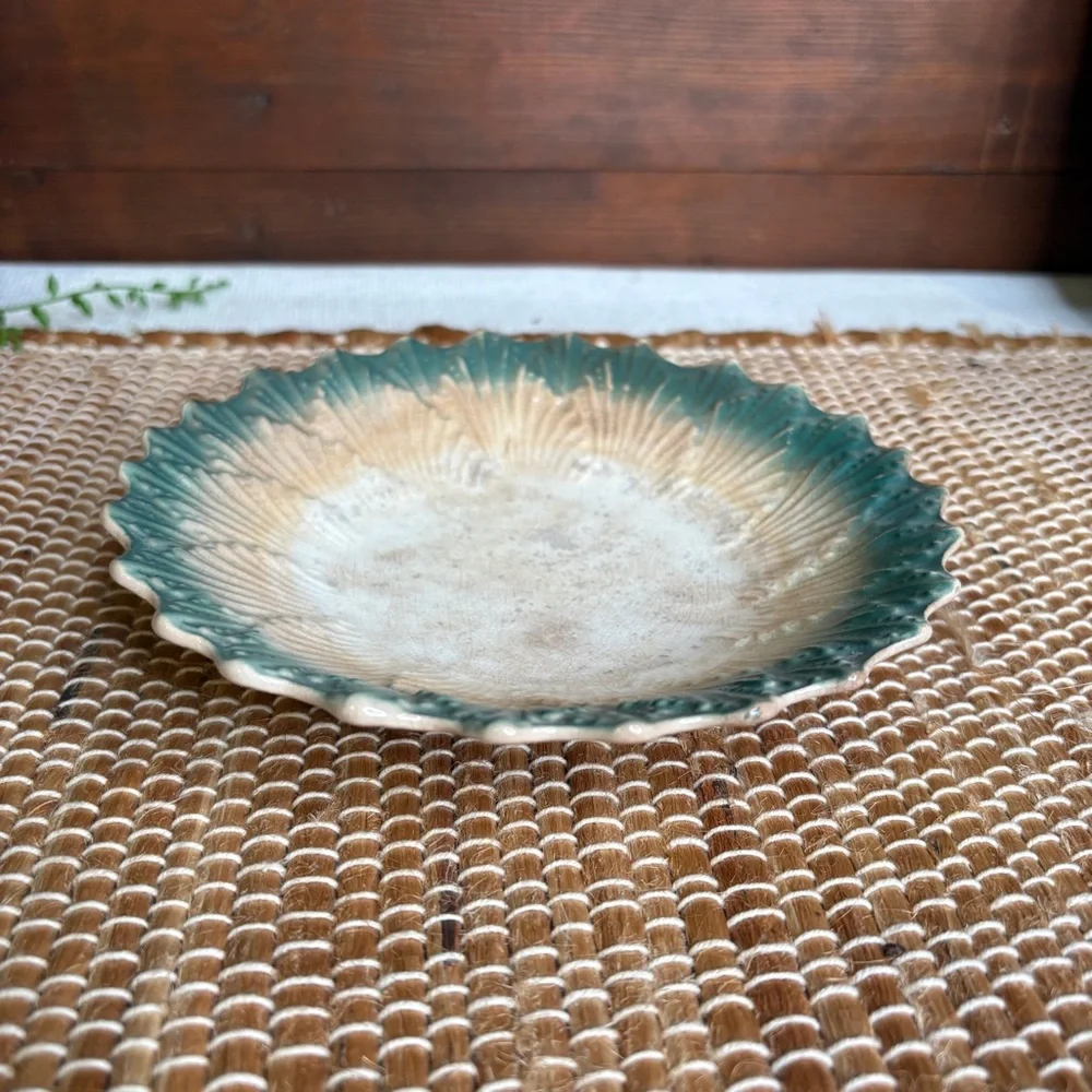 Antique Lebeau Porcelaine Green & Ecru Art Deco Fan Shell Bowl